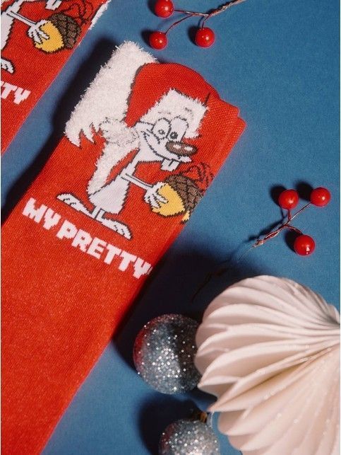 Новогодние мужские носки с пикотом "Squirrel" из объёмной пушистой нити