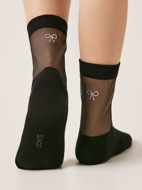 Хлопковые носки со вставкой из прозрачной сетки и стразами в форме бантика - купить в интернет-магазине Conte