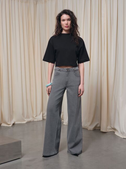 Джинсы wide leg серого цвета с декоративными патами CON-837 Джинсы wide leg серого цвета с декоративными патами CON-837 - купить в интернет-магазине Conte