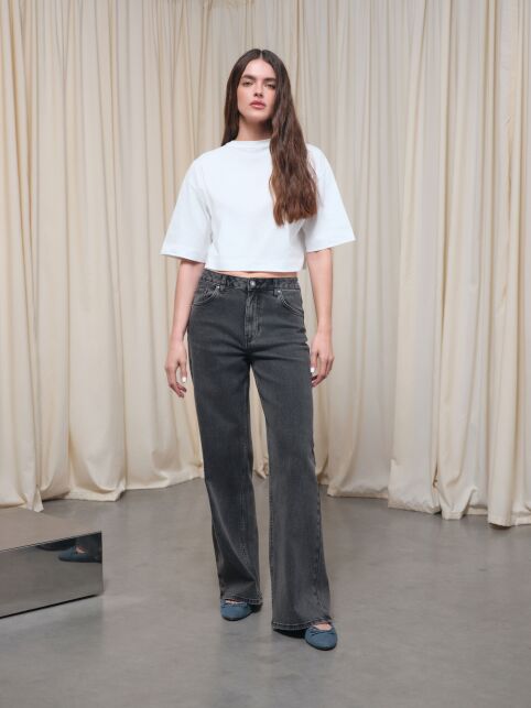 Чёрные джинсы wide leg с эффектом потёртостей и двойными шлёвками CON-802 Чёрные джинсы wide leg с эффектом потёртостей и двойными шлёвками CON-802 - купить в интернет-магазине Conte