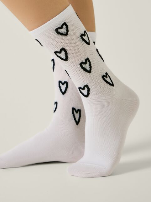 Белые удлинённые носки ACTIVE из хлопка с рисунком «сердечки» - купить в интернет-магазине Conte